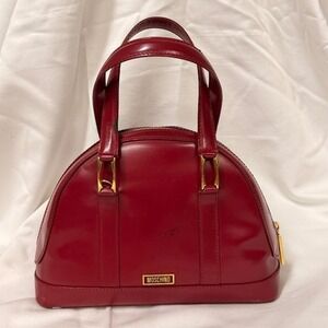 Moschino‎ Vintage Red Leather Satchel Bag Dome Gold Hardware Designer Statement
